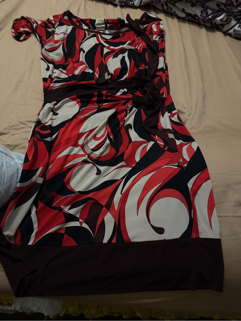 New York & Company Red, Black & Cream Abstract Wrap Midi Dress